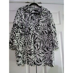 Tahari Shirt Womens 3X Black White Leaf Print Linen Blend Button Up Blouse Top